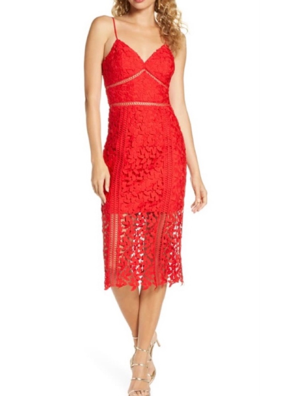 Bardot Red Lace Midi Dress with Spaghetti Straps